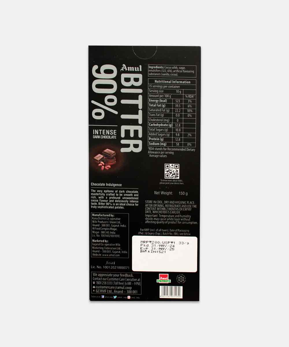 Amul Bitter 90% Intense Dark Chocolate 150 Gm