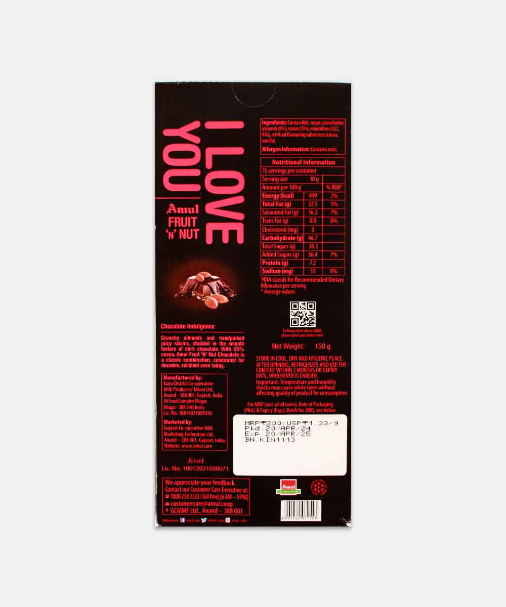 Amul I Love You Fruit N Nut Chocolate 150 Gm