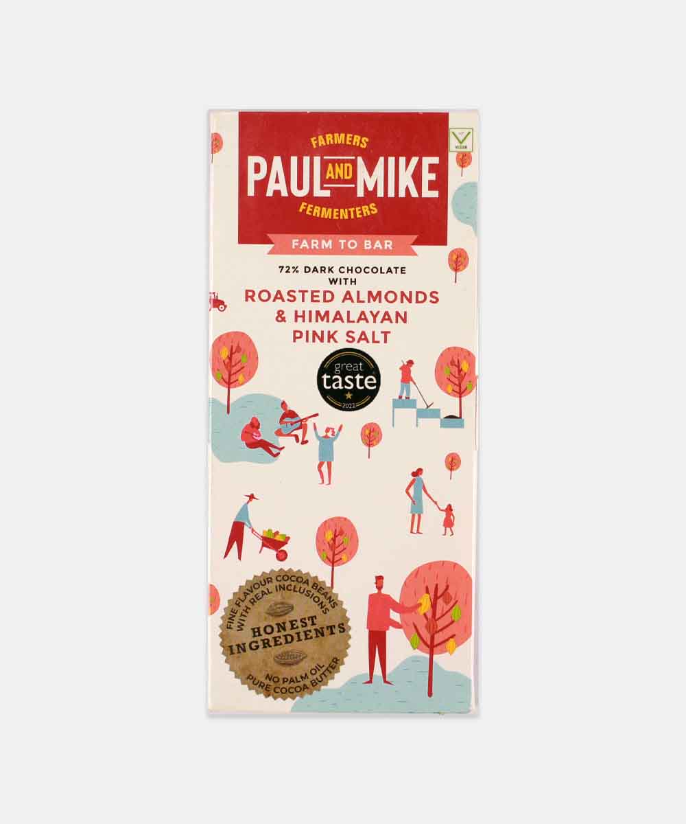 Paul And Mike Dark Chocolate With Roasted Almonds And Himalayan Pink Salt 68 Gm