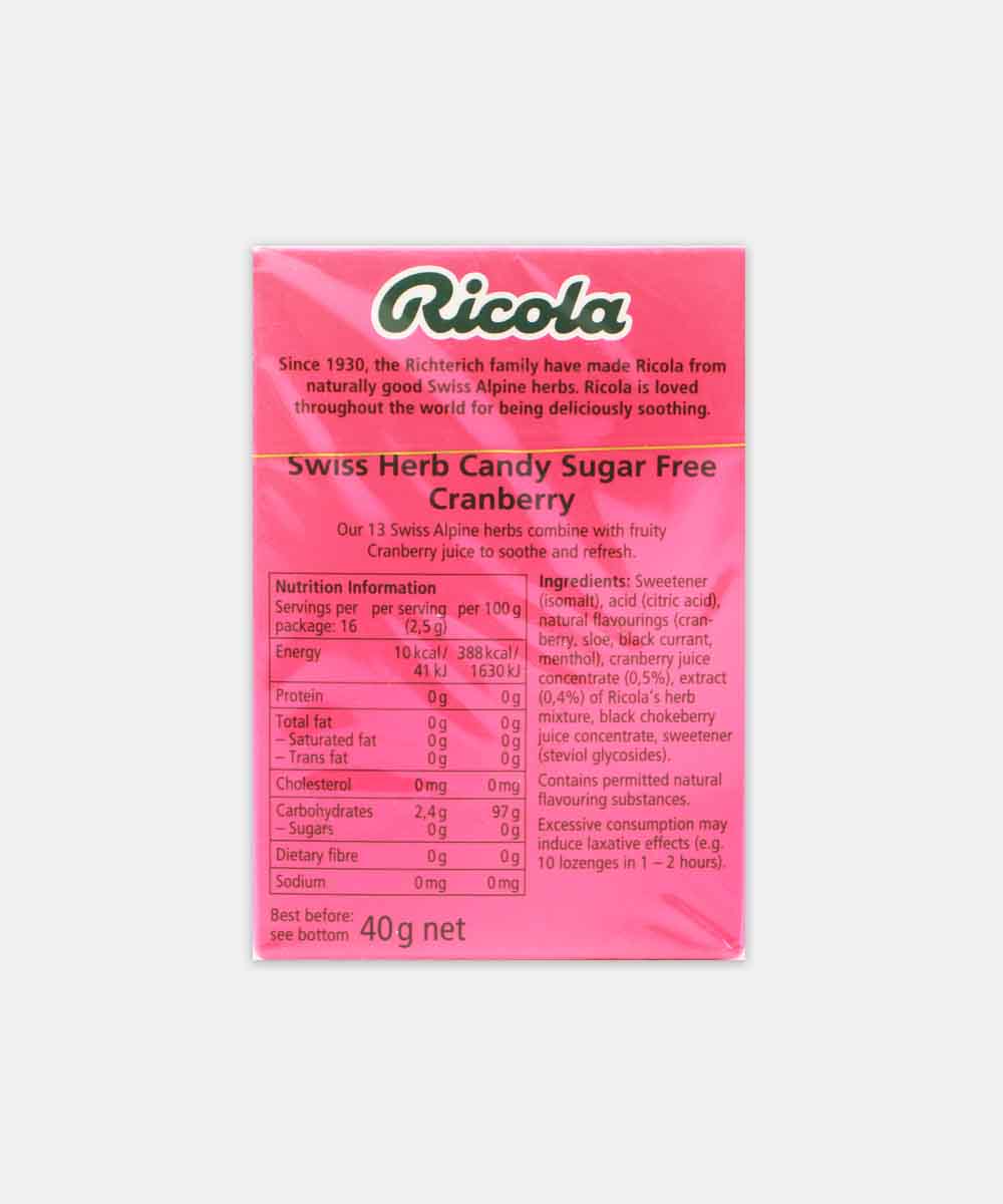 Ricola Cranberry Swiss Herb Lozenges Sugar Free Chocolate 45 Gm