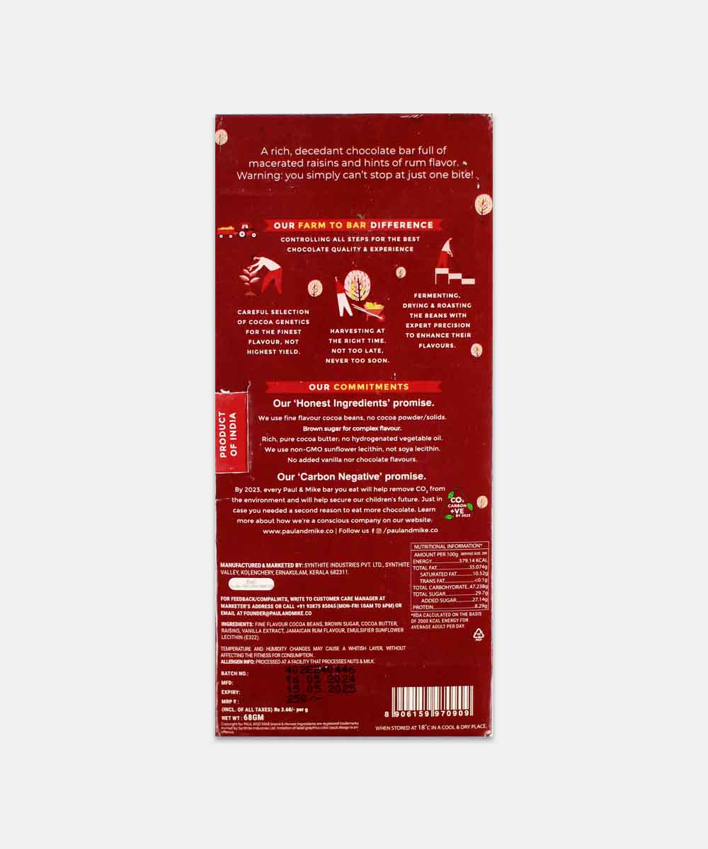 Paul And Mike Rum & Rummy Raisins 64% Dark Chocolate 68 Gm