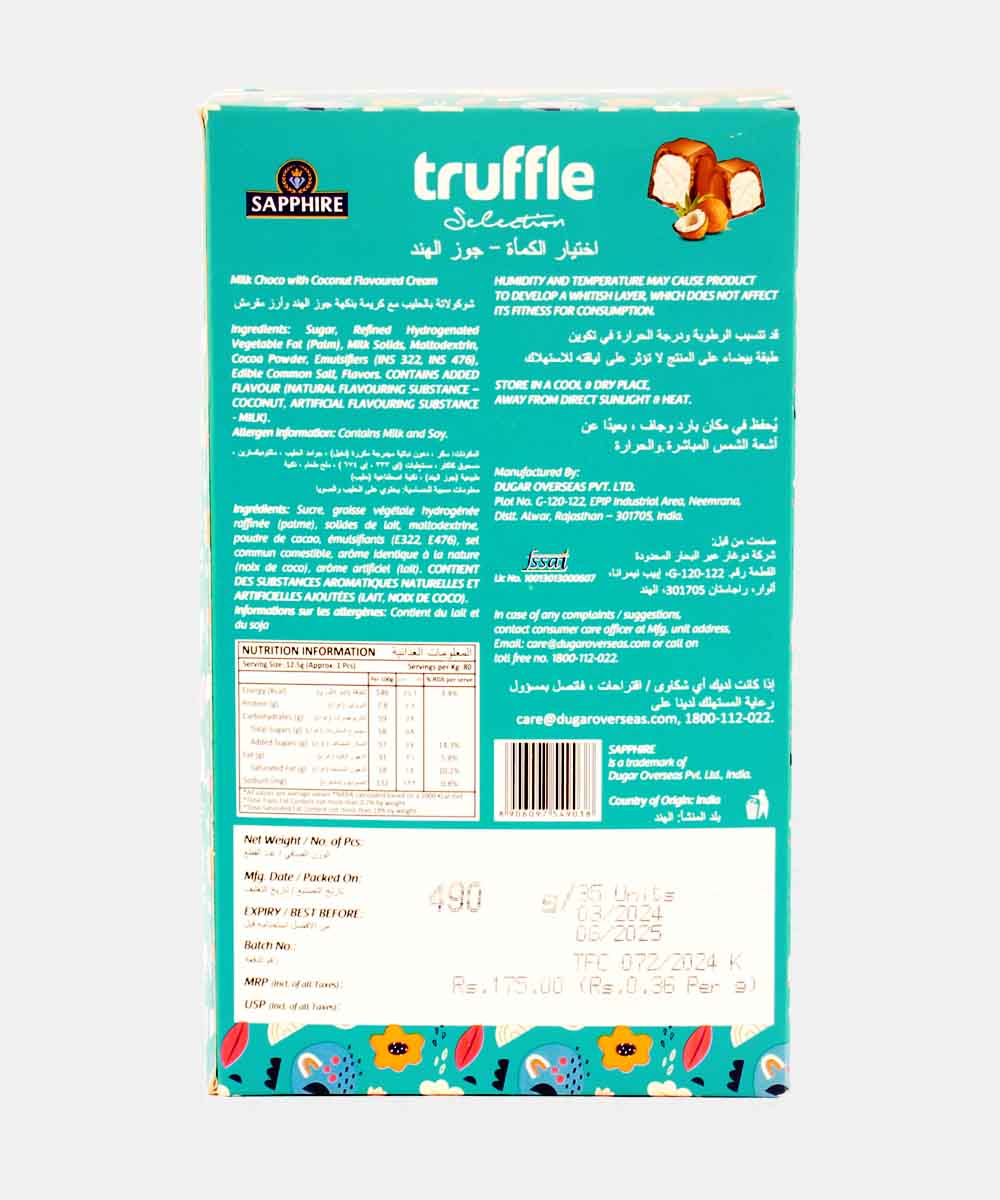 Sapphire Truffle Selection Coconut Milk Chocolate 430 Gm