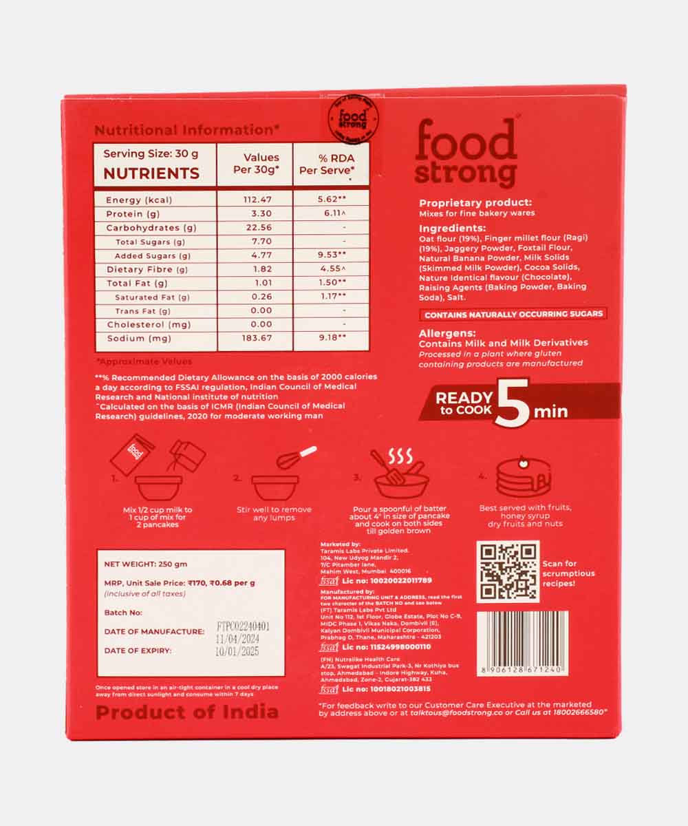 Food Strong Oats & Millet Chocolate Banana Pancake Mix 250 Gm