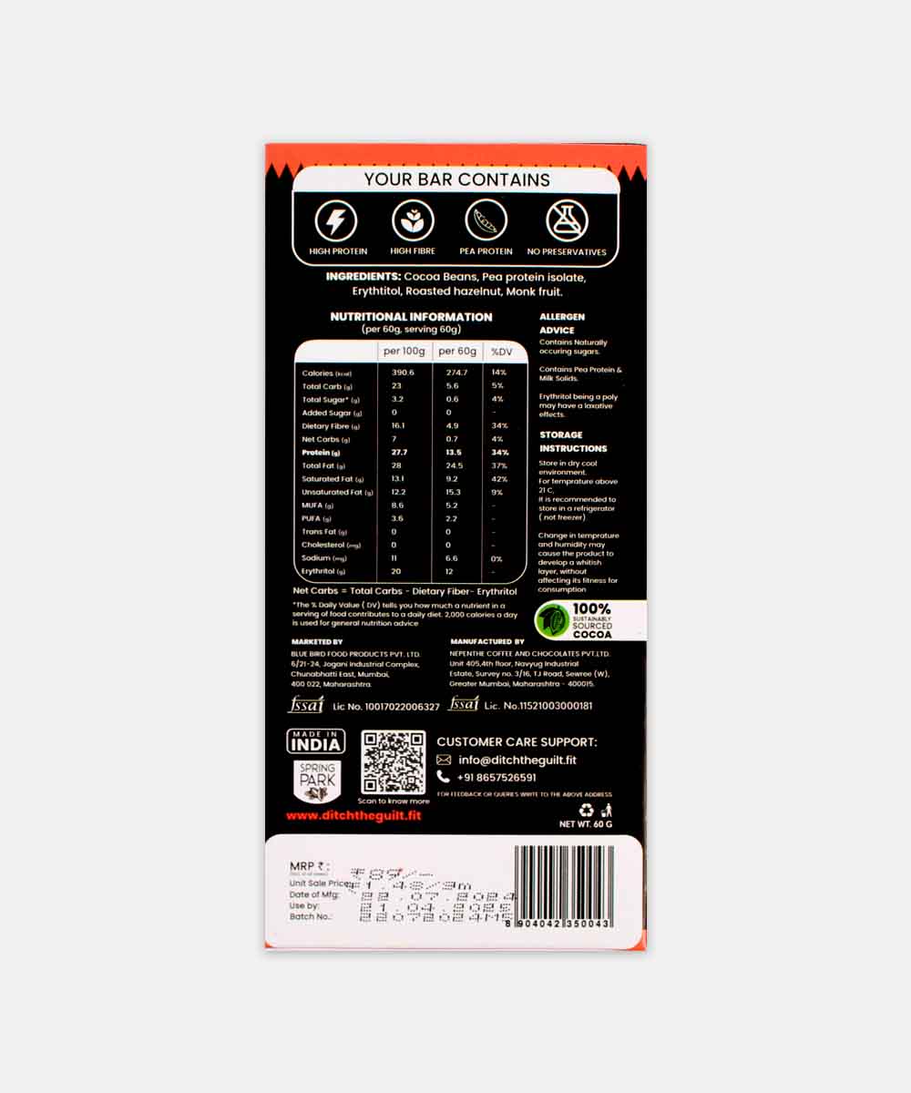Ditch The Guilt Zero Sugar Protien Dark Roasted Hazelnut Chocolate 60 Gm