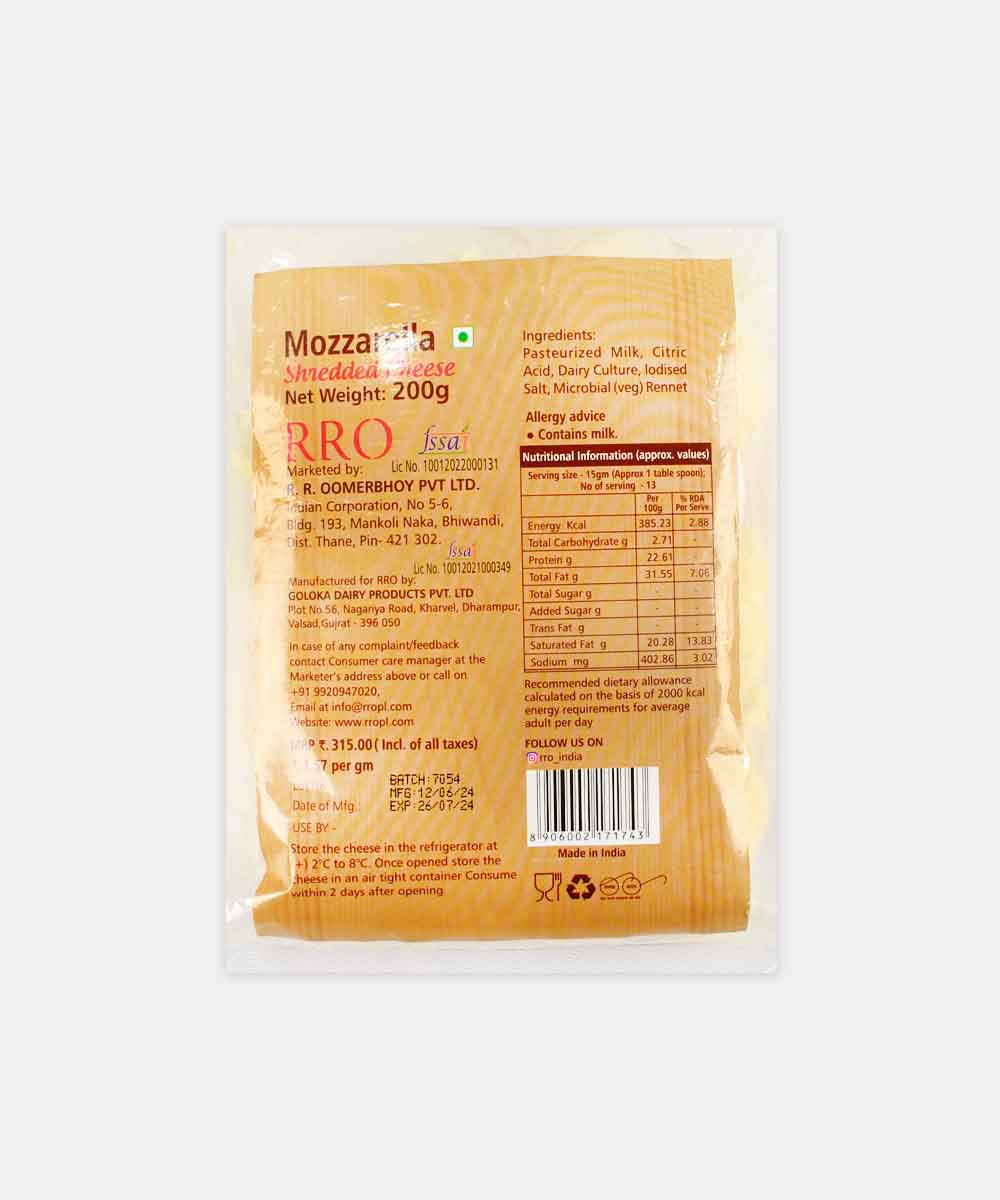 Rro Mozzarella Shredded Cheese 200 Gm