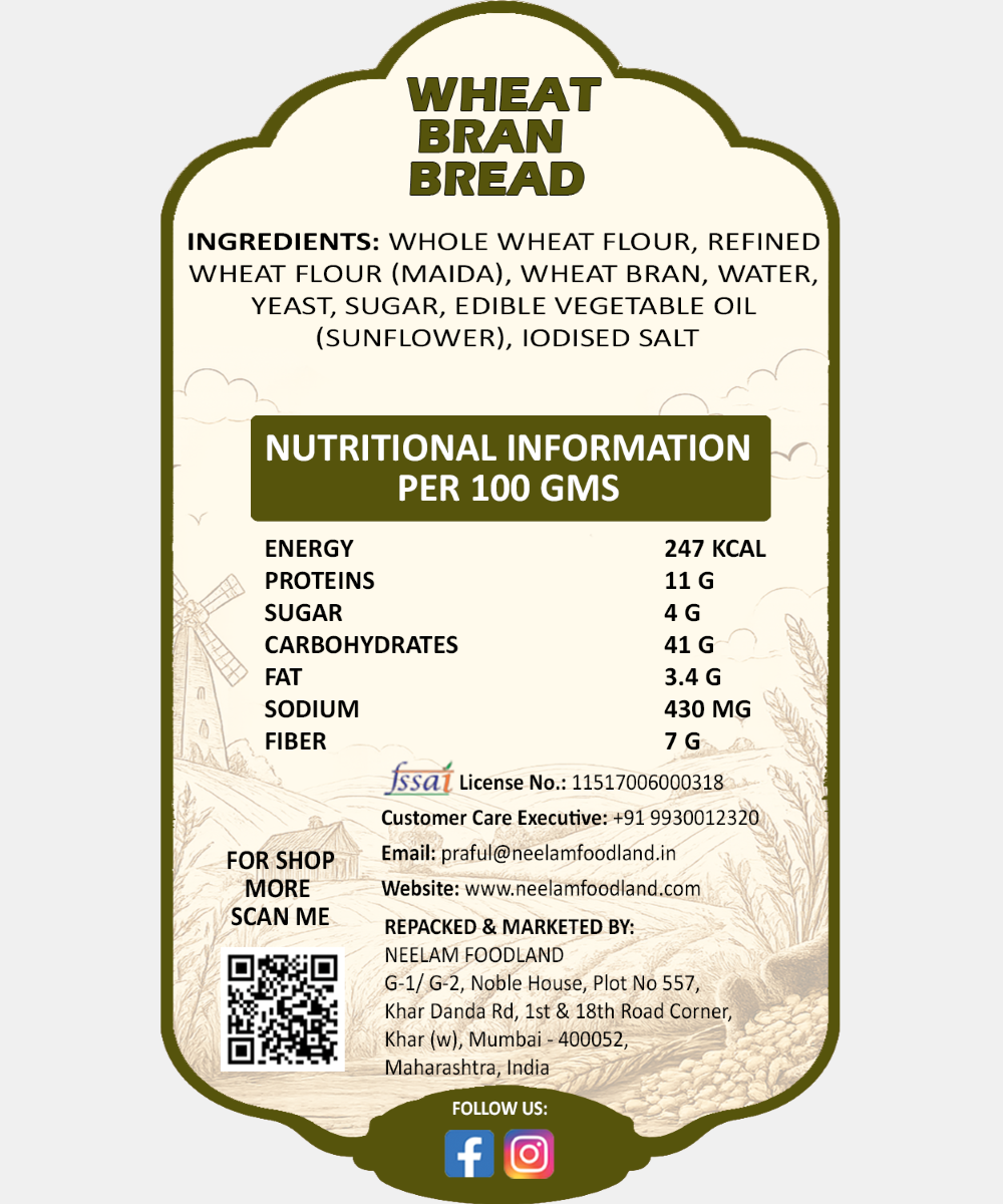 Wheat Bran Bread 400g | Bran Bread | High Fibre Wheat Bran Loaf | No Palm Oil | Source of Protein & Fibre