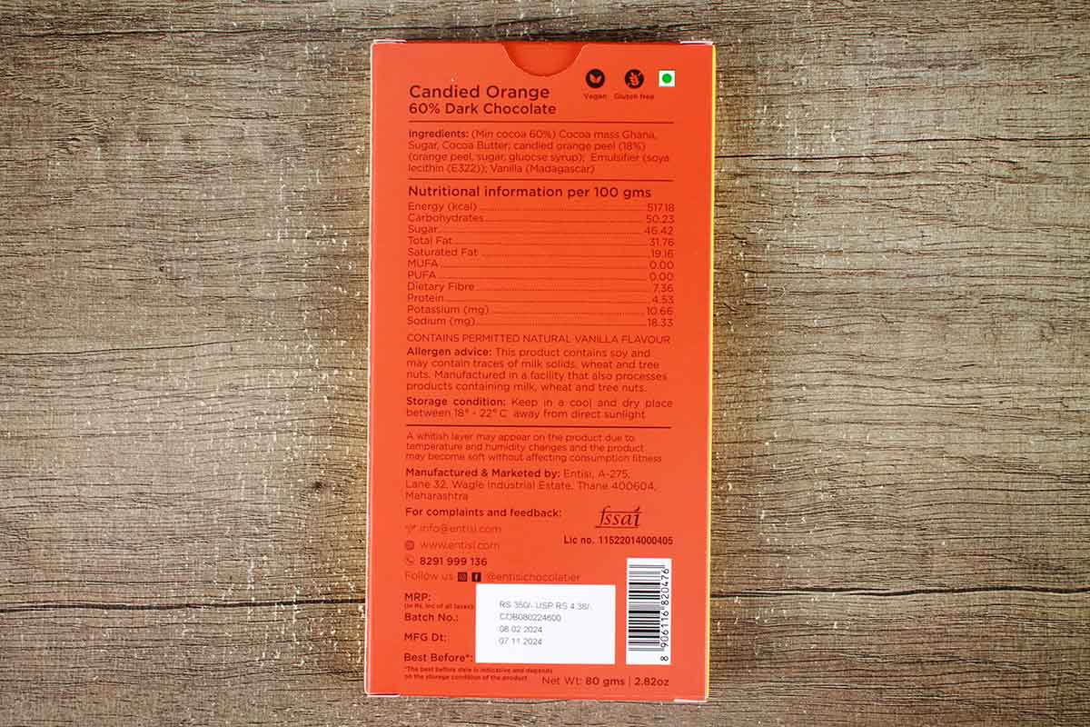 Entisi Candied Orange 60% Dark Chocolate 80 Gm
