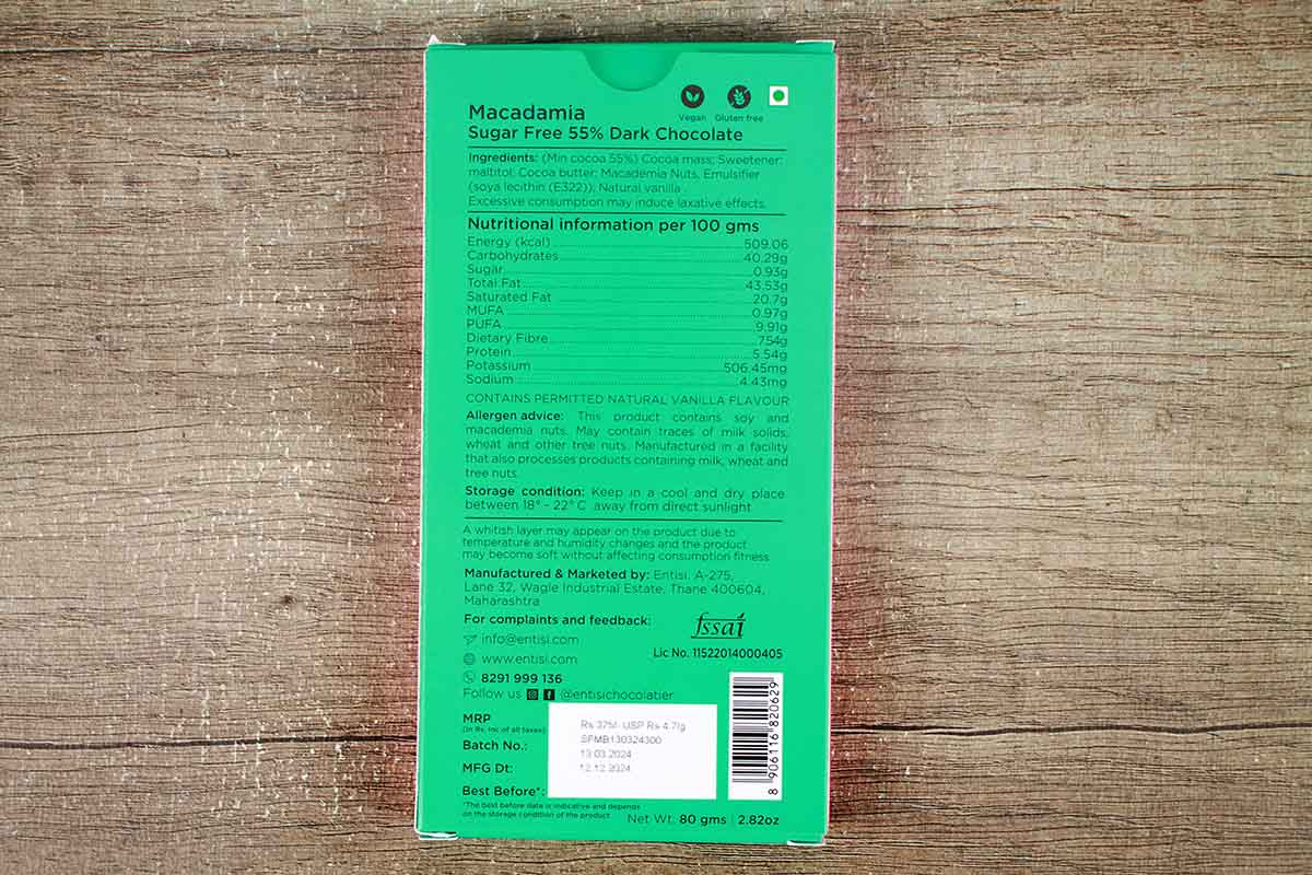 Entisi Macadamia Sugar Free 55% Dark Chocolate 80 Gm