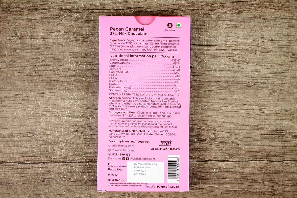 Entisi Pecan Caramel 37% Milk Chocolate 80 Gm