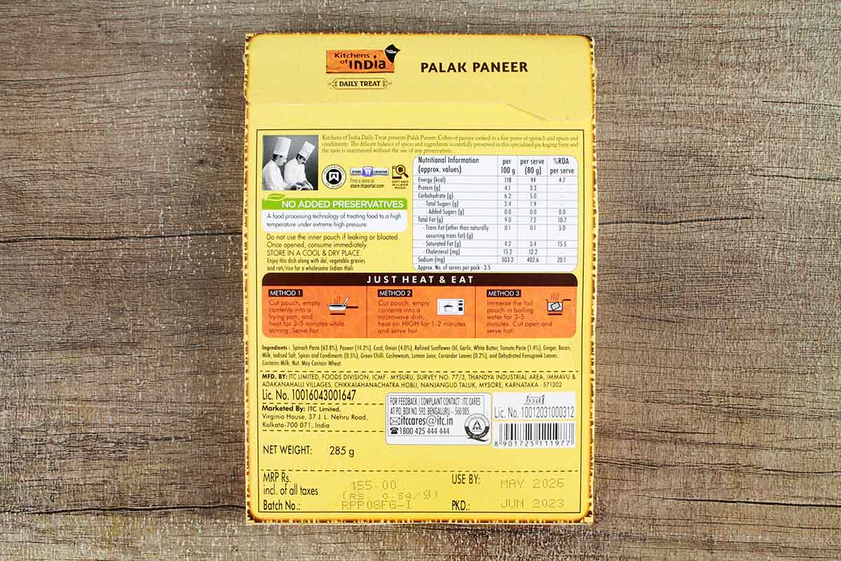 Kitchens Of India Palak Paneer Heat & Eat 285 Gm
