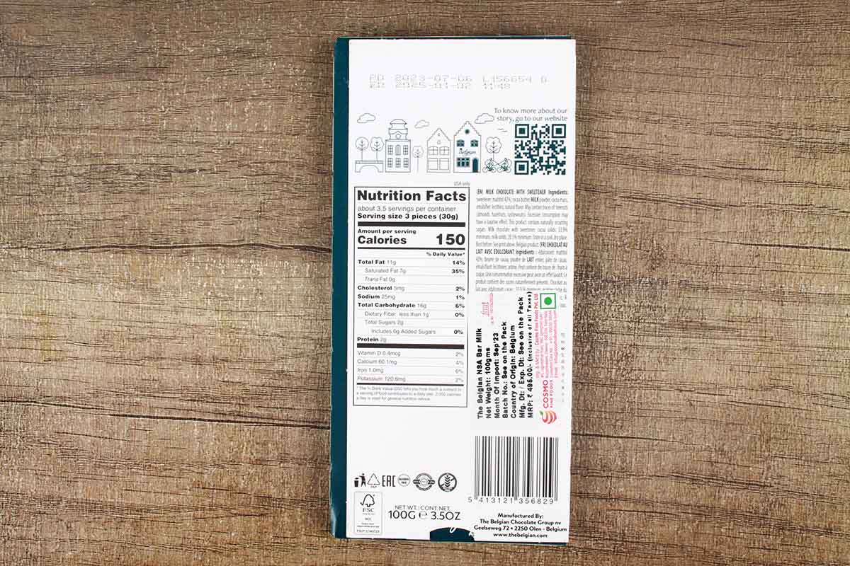 Belgian Gluten Free Milk Chocolate No Added Sugar 100 Gm