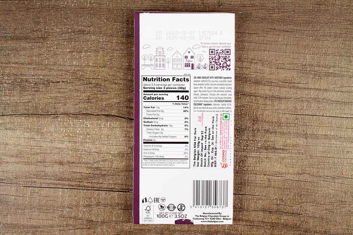 Belgian Gluten Free Dark Chocolate No Sugar Added 100 Gm