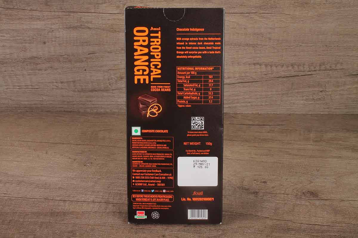 Amul Tropical Orange Finest Cocoa Beans Chocolate 150 Gm