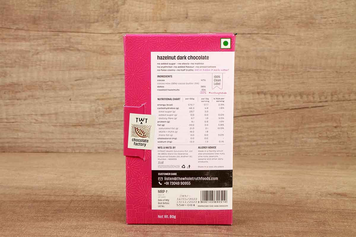 The Whole Truth Hazelnut Dark Chocolate No Added Sugar 80 Gm