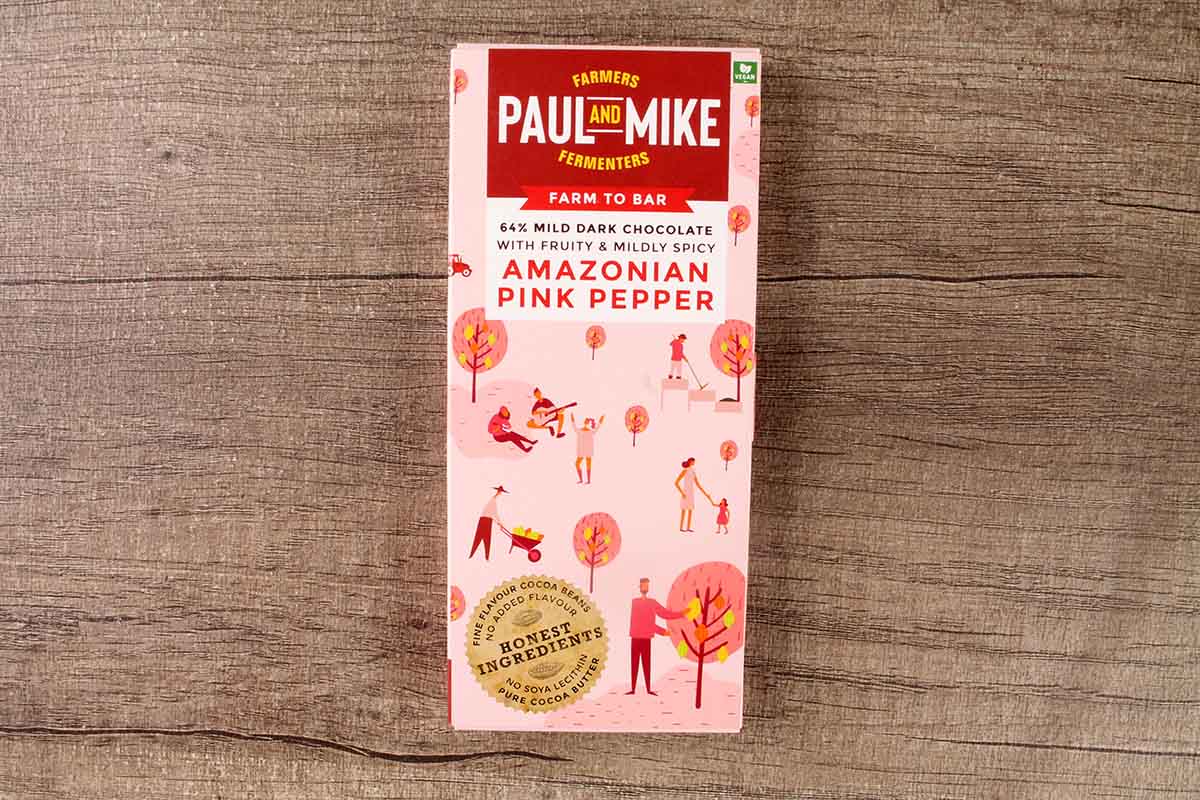 Paul And Mike Amazonian Pink Pepper 64% Mild Dark Chocolate 68 Gm