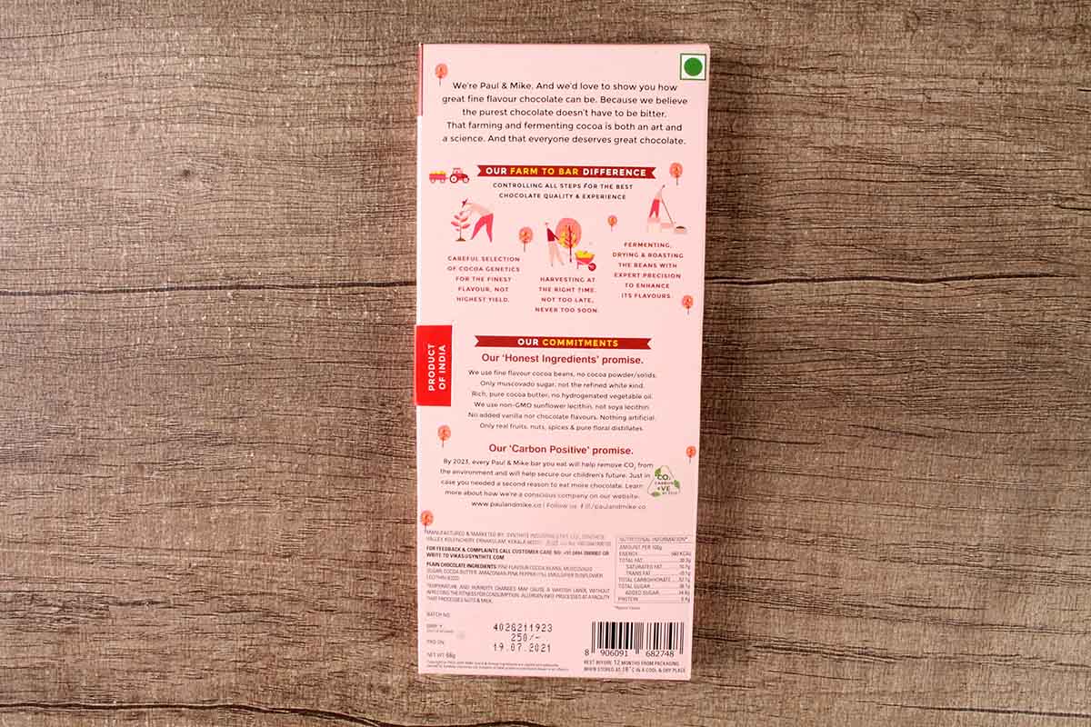 Paul And Mike Amazonian Pink Pepper 64% Mild Dark Chocolate 68 Gm
