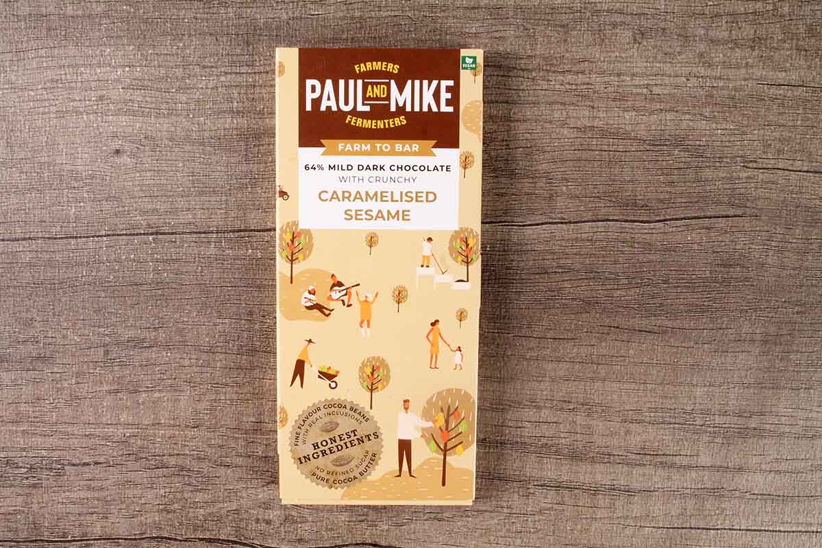 Paul And Mike Caramelised Sesame 64% Mild Dark Chocolate 68 Gm