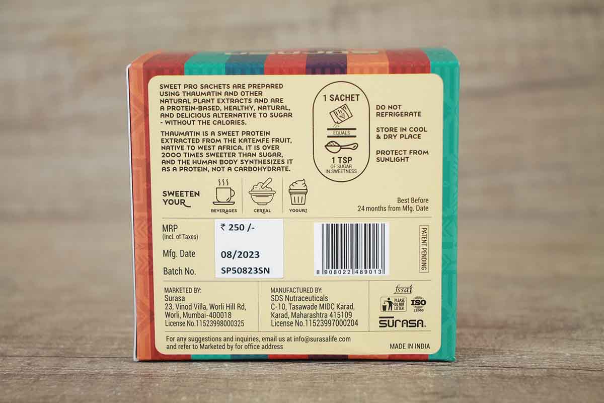 Surasa Sweetpro Sugar Free All Natural Katemfe Fruit Sweetner 50 Sachets 50 Gm