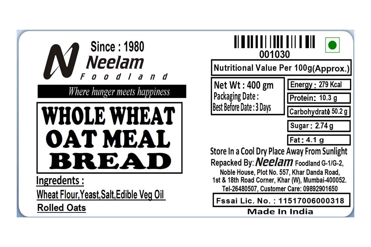 Whole Wheat Oat Meal Bread 400 Gm