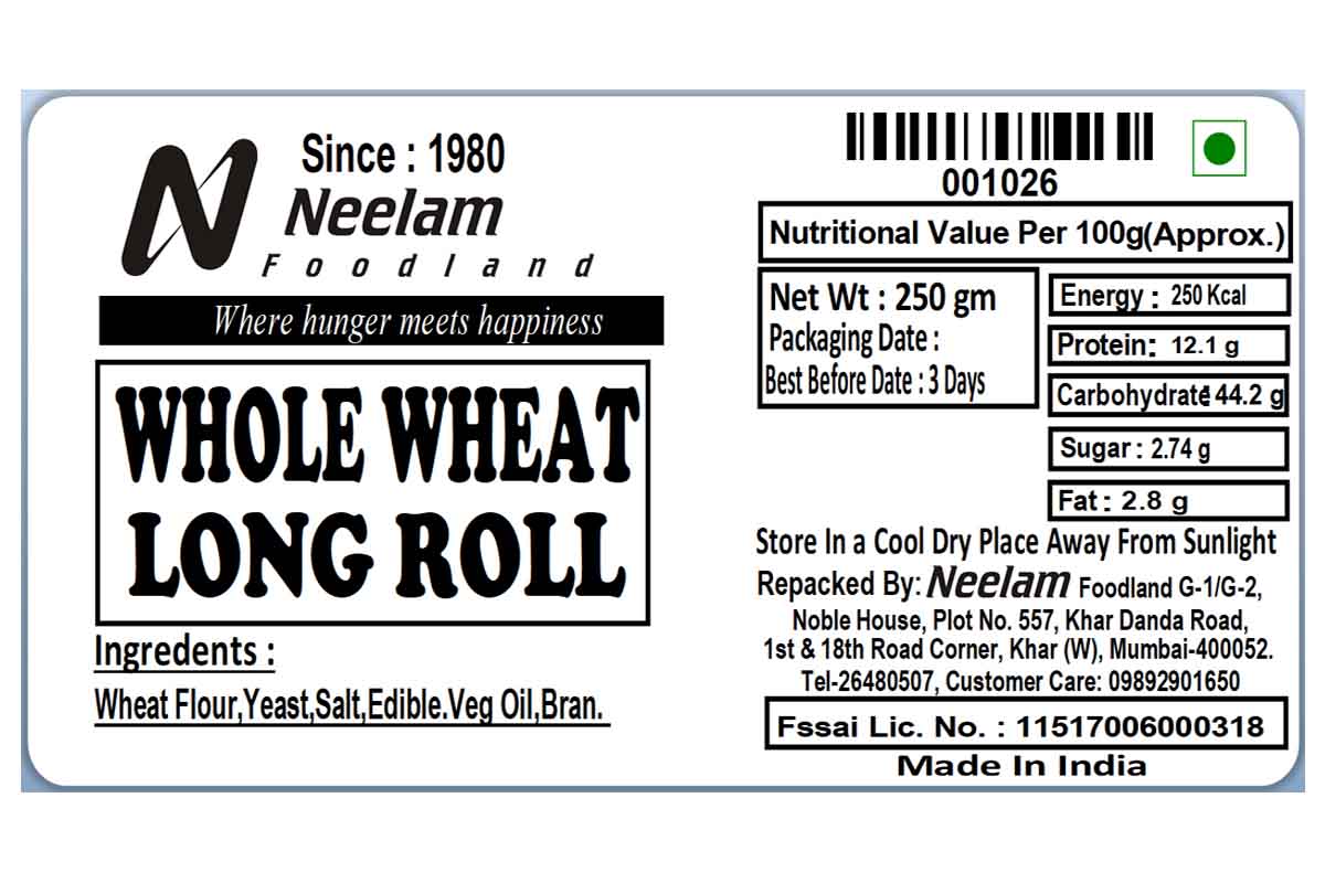 Whole Wheat Long Roll 250 Gm