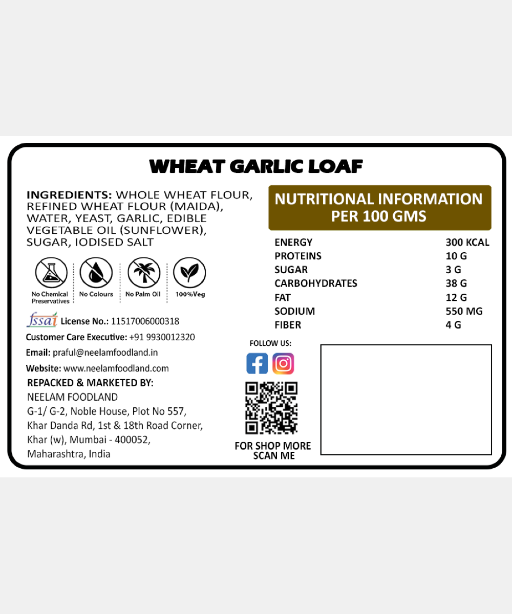 Whole Wheat Garlic Loaf 250 Gm