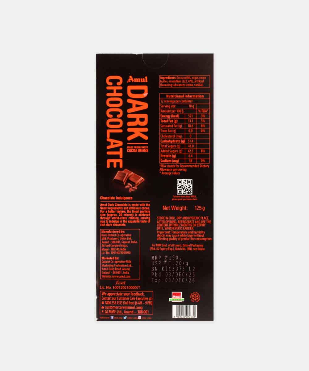 Amul 55% Dark Chocolate 125 Gm
