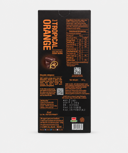 Amul Tropical Orange Finest Cocoa Beans Chocolate 150 Gm