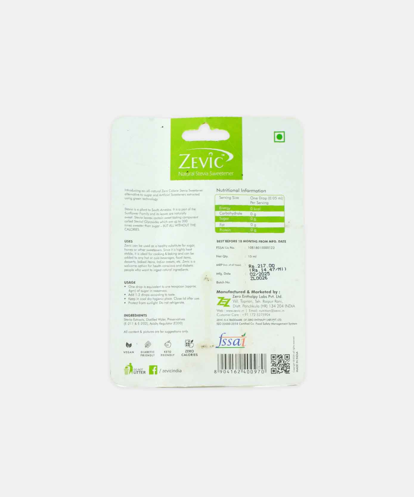 Zevic Zero Calorie Liquid Stevia Drops 15 Ml