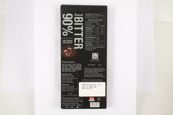 AMUL BITTER 90% INTENSE DARK CHOCOLATE 150 GM