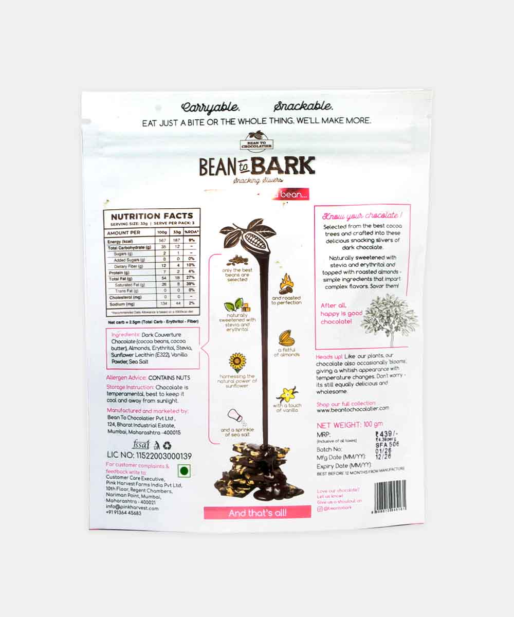Bean To Bark Almond Crunch With Sea Salt Sugar Free Dark Chocolate 100 Gm