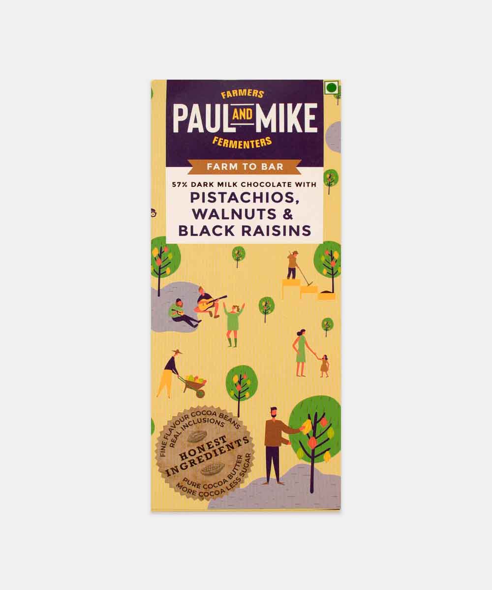 Paul And Mike 57% Dark Milk Chocolate With Pistachios Walnuts And Black Raisins 68 Gm