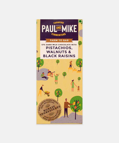 Paul And Mike 57% Dark Milk Chocolate With Pistachios Walnuts And Black Raisins 68 Gm