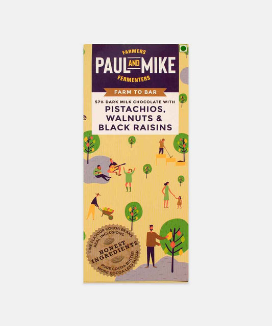 Paul And Mike 57% Dark Milk Chocolate With Pistachios Walnuts And Black Raisins 68 Gm