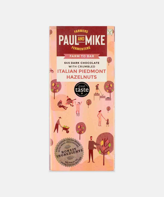Paul And Mike 64% Dark Chocolate With Crumbled Italian Piedmont Hazelnuts 68 Gm