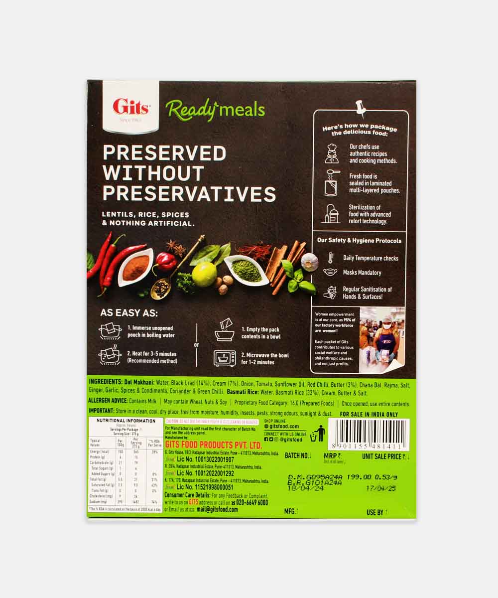 Gits Dal Makhani And Basmati Rice Ready Meals 375 Gm
