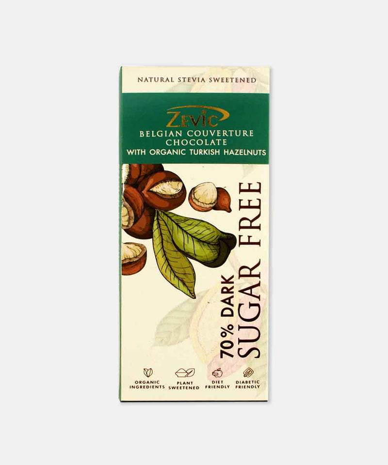 ZEVIC ORGANIC TURKISH HAZELNUTS 70% DARK SUGAR FREE CHOCOLATE 40