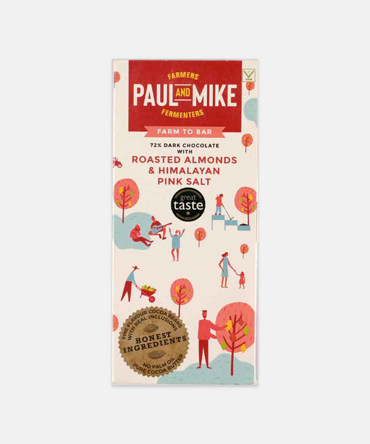 Paul And Mike Dark Chocolate With Roasted Almonds And Himalayan Pink Salt 68 Gm