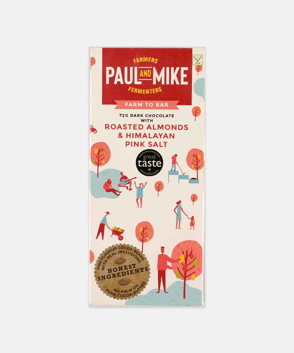 PAUL AND MIKE 72% DARK CHOCOLATE WITH ROASTED ALMONDS AND HIMALAYAN PINK SALT 68 GM