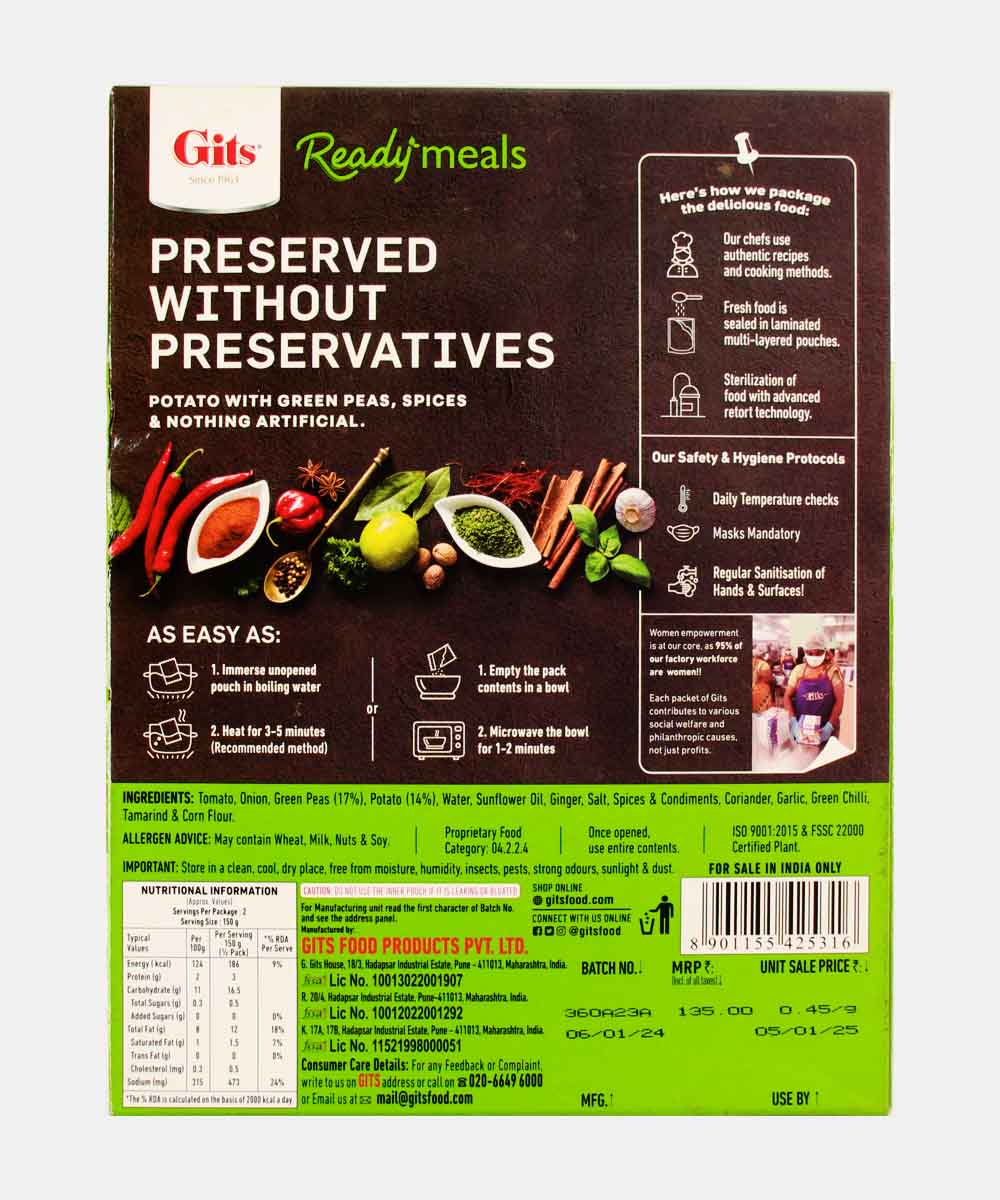 Gits Aloo Matar Ready Meals 300 Gm