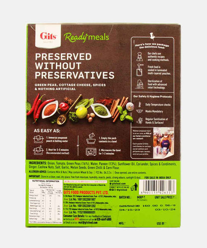 Gits Matar Paneer Ready Meals 285 Gm