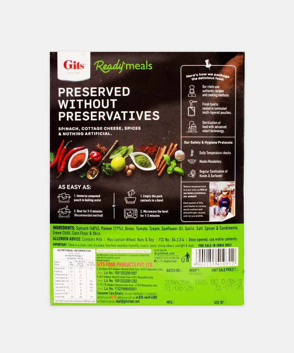 Gits Palak Paneer Ready Meals 285 Gm