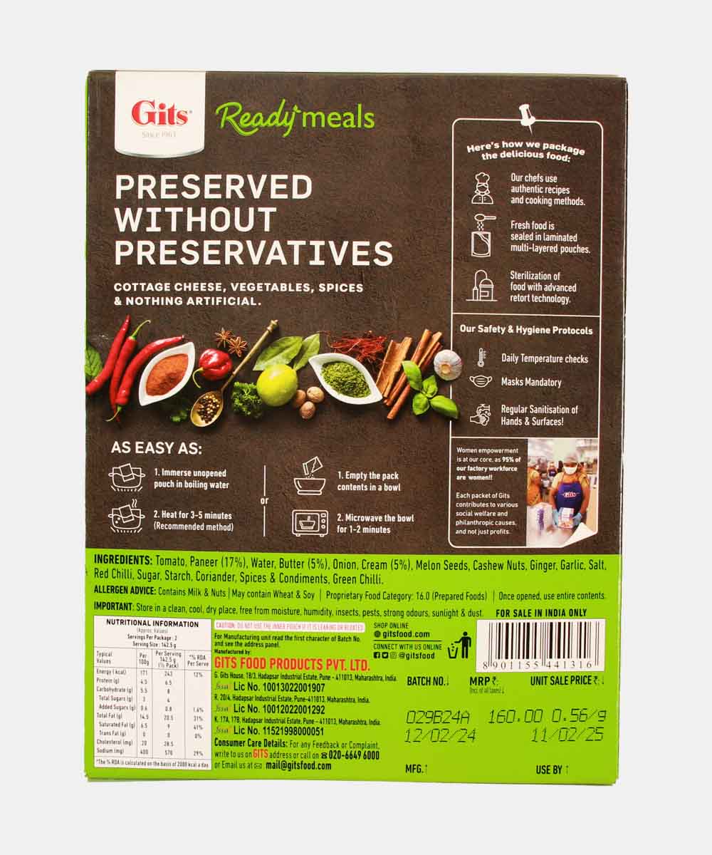 Gits Paneer Makhani Ready Meals 285 Gm