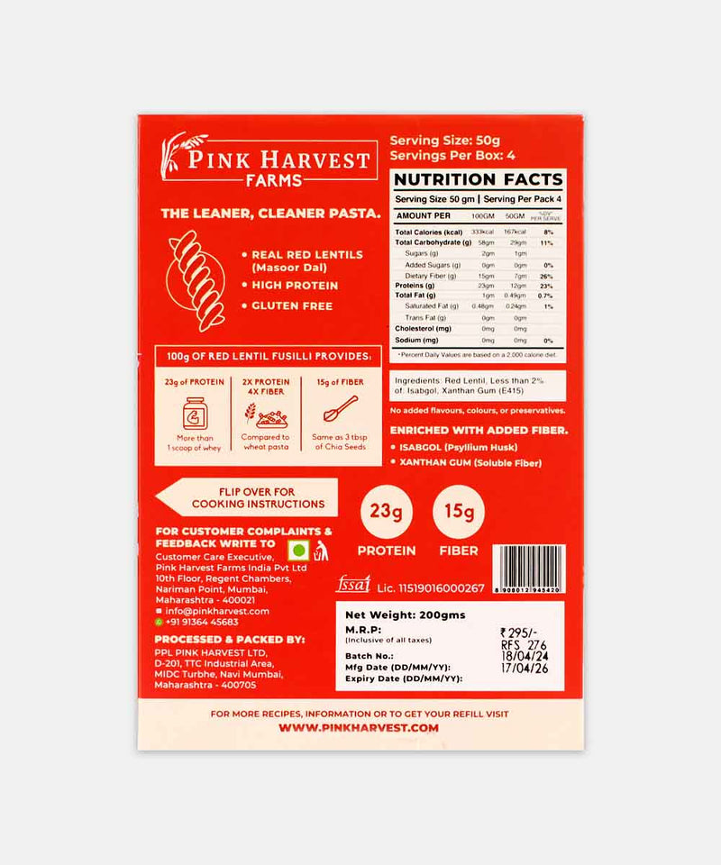PINK HARVEST RED LENTIL FUSILLI PASTA 200 GM