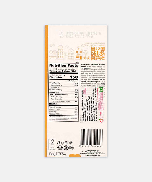 BELGIAN GLUTEN FREE DARK WITH ALMONDS NO SUGAR ADDED CHOCOLATE 100 GM