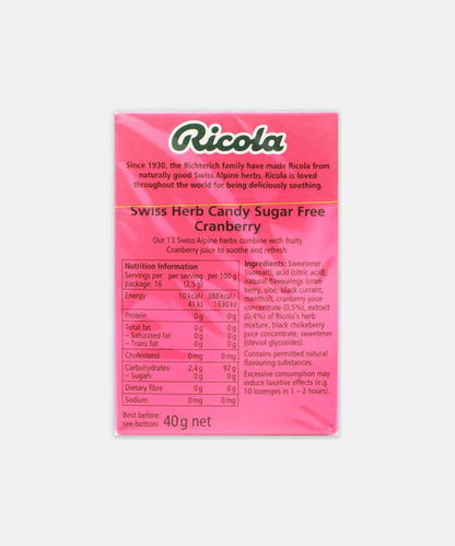 Ricola Cranberry Swiss Herb Lozenges Sugar Free Chocolate 45 Gm
