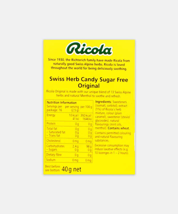 RICOLA ORIGINAL HERB SWISS HERB LOZENGES SUGAR FREE CHOCOLATE 45 GM