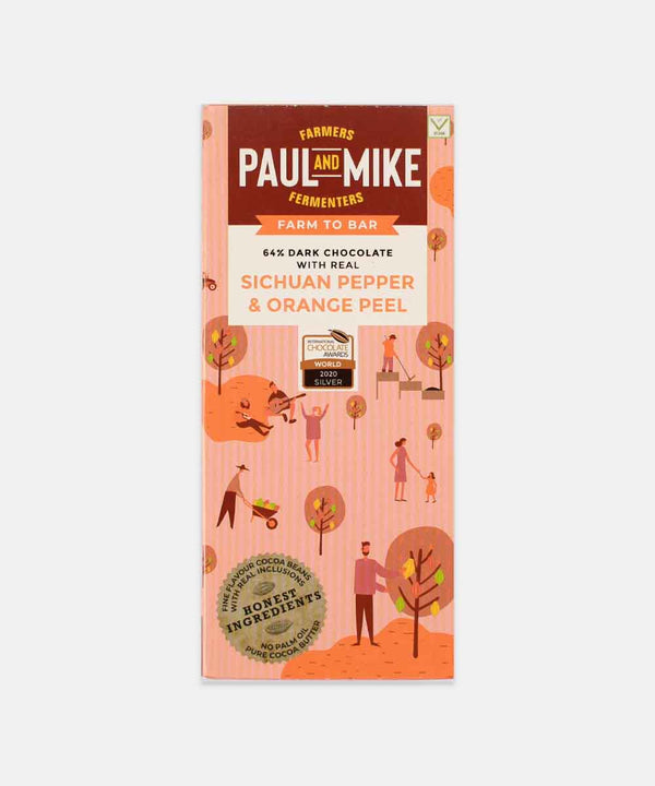 PAUL AND MIKE SICHUAN PEPPER & ORANGE PEEL 64% VEGAN DARK CHOCOLATE 68 GM