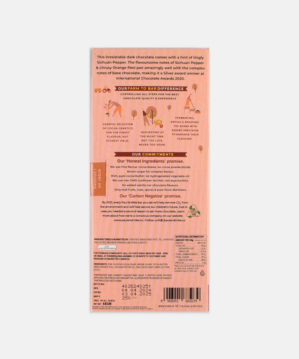 Paul And Mike Sichuan Pepper & Orange Peel 64% Dark Chocolate 68 Gm