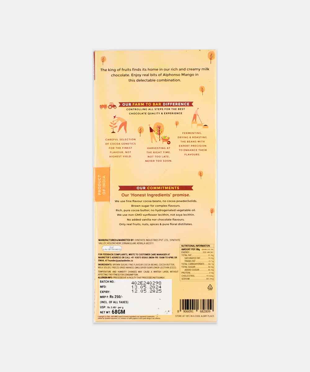 Paul And Mike Alphonso Mango 49% Fine Milk Chocolate 68 Gm