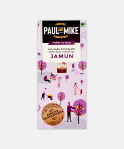 PAUL AND MIKE 64% VEGAN DARK CHOCOLATE WITH REAL PIECES OF JAMUN 68